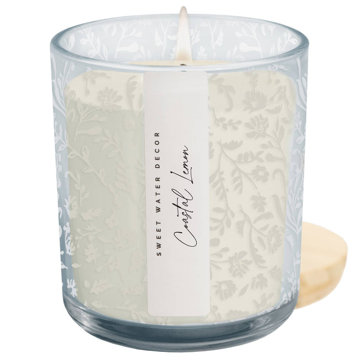 Coastal Lemon 12 oz Soy Candle, Blue Tinted Floral Jar - Olita Gifts & Goods