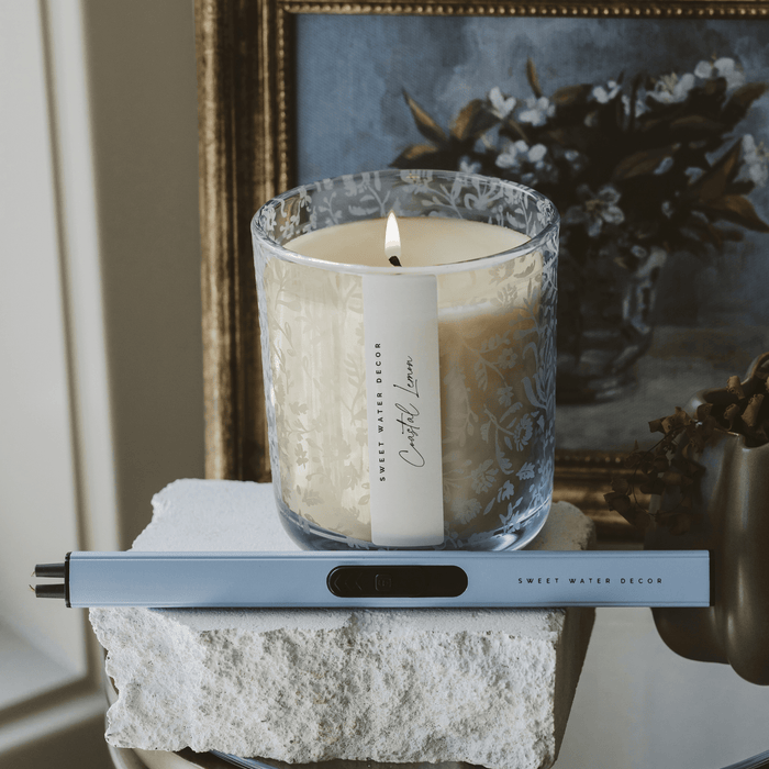 Coastal Lemon 12 oz Soy Candle, Blue Tinted Floral Jar - Olita Gifts & Goods