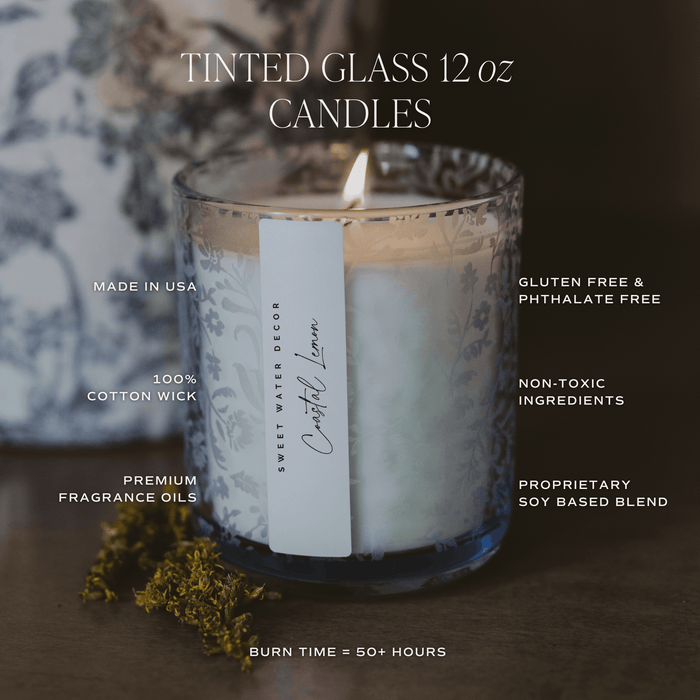 Coastal Lemon 12 oz Soy Candle, Blue Tinted Floral Jar - Olita Gifts & Goods