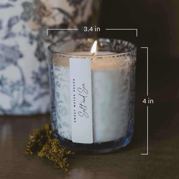 Coastal Lemon 12 oz Soy Candle, Blue Tinted Floral Jar - Olita Gifts & Goods