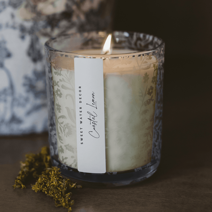 Coastal Lemon 12 oz Soy Candle, Blue Tinted Floral Jar - Olita Gifts & Goods