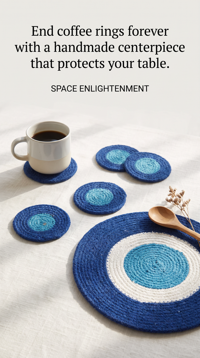 Coasters and Mats Set 4 each Handmade Jute Rope Blue White Design