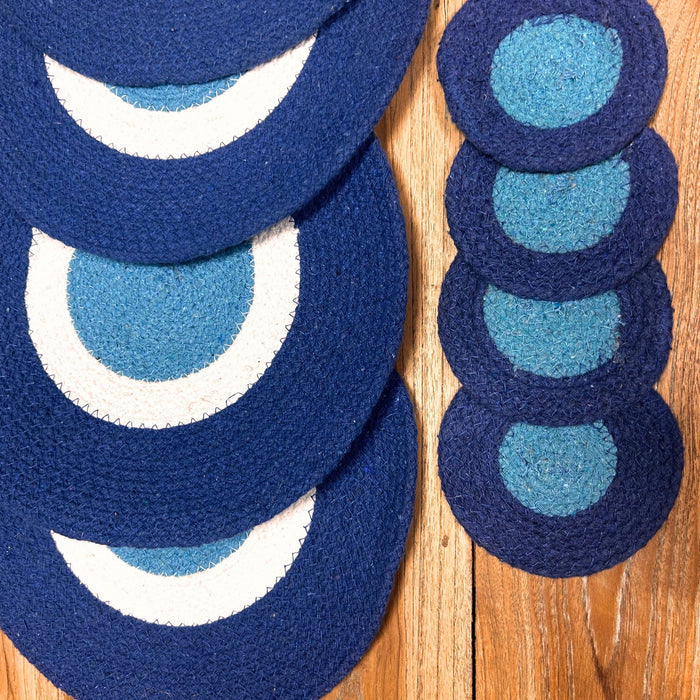 Coasters and Mats Set 4 each Handmade Jute Rope Blue White Design