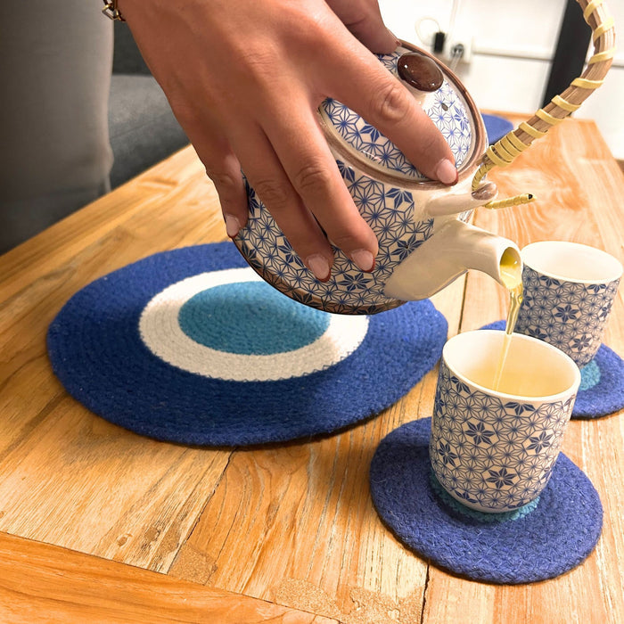 Coasters and Mats Set 4 each Handmade Jute Rope Blue White Design