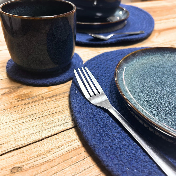 Coasters and Mats Set 4 each Handmade Jute Rope Blue White Design