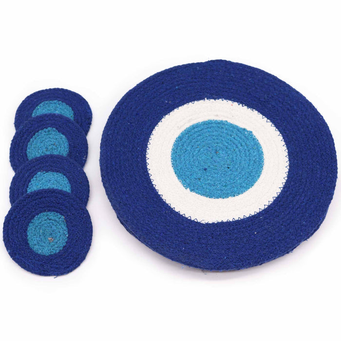 Coasters and Mats Set 4 each Handmade Jute Rope Blue White Design