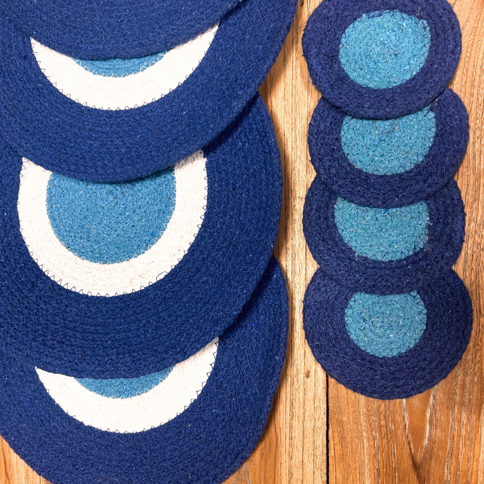 Coasters and Mats Set 4 each Handmade Jute Rope Blue White Design