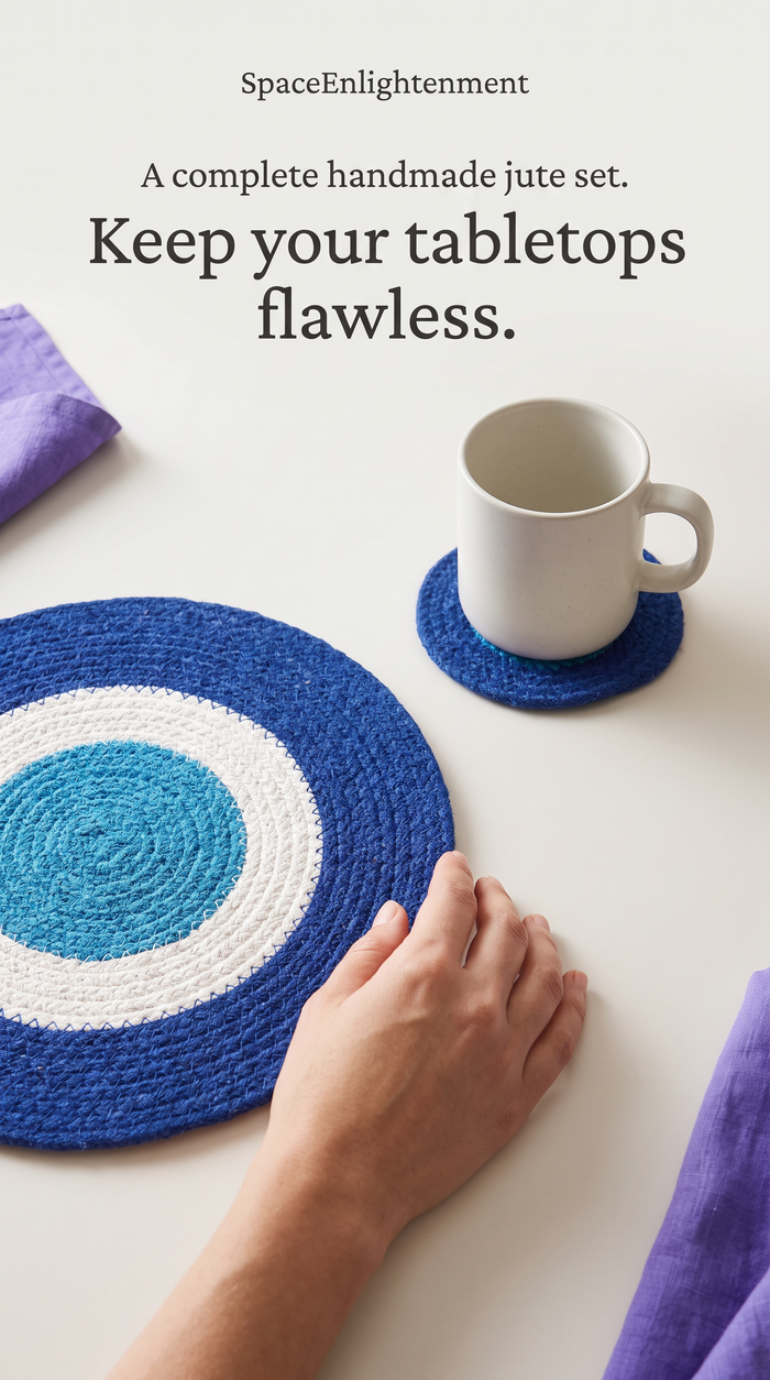 Coasters and Mats Set 4 each Handmade Jute Rope Blue White Design