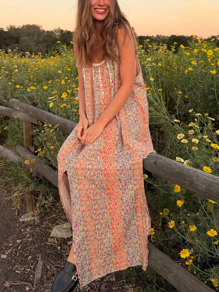 Cosette Crochet Cotton Maxi Dress - Turquoise Orange Stripes-view 1