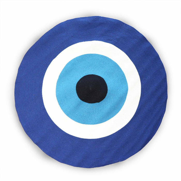 Cotton Circular Rug Blue & White Cotton Rope 'Evil Eye'Design