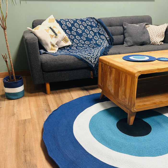Cotton Rug Circular Blue & White Cotton Rope 'Evil Eye' Design