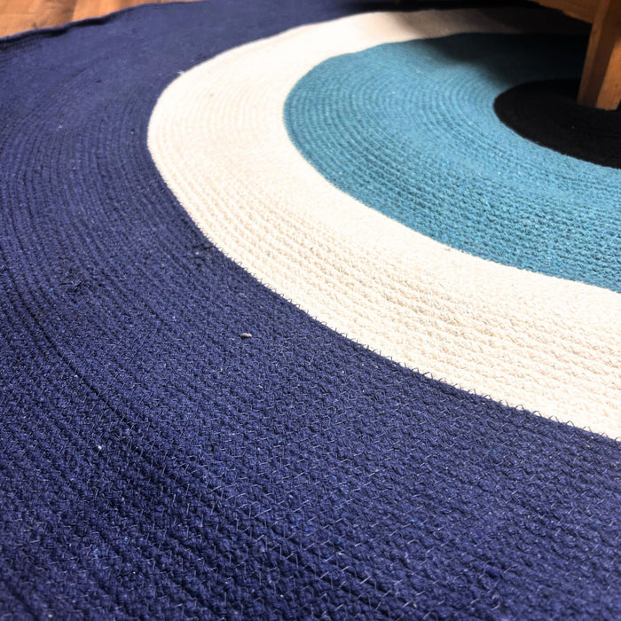 Cotton Rug Circular Blue & White Cotton Rope 'Evil Eye' Design