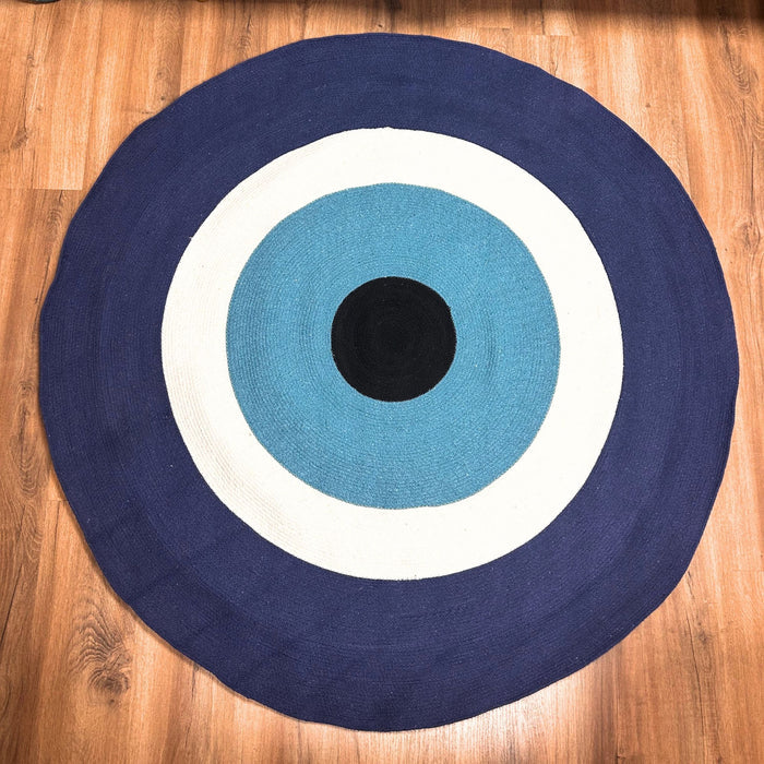 Cotton Rug Circular Blue & White Cotton Rope 'Evil Eye' Design