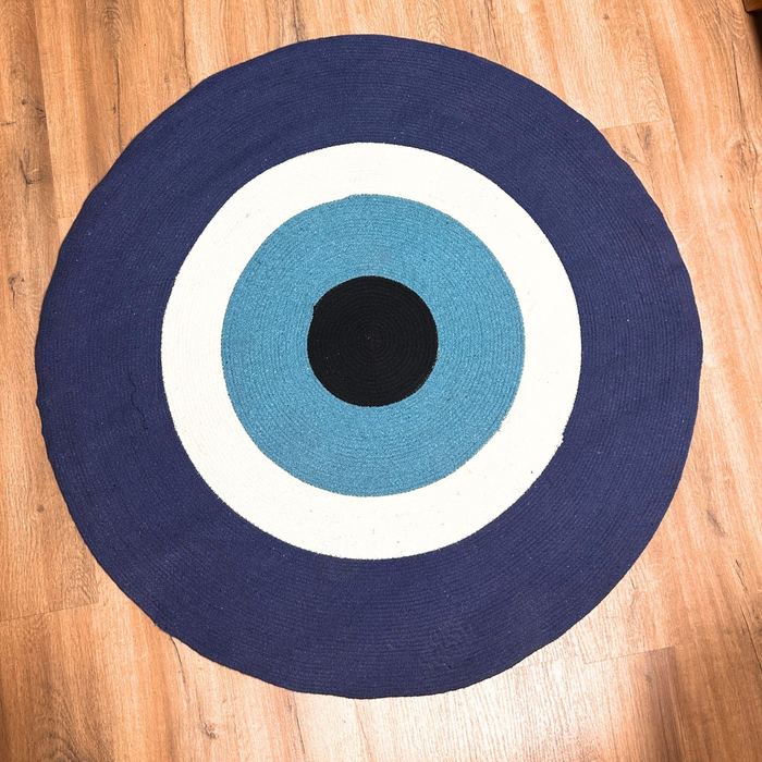 Cotton Rug Circular Blue & White Cotton Rope 'Evil Eye' Design