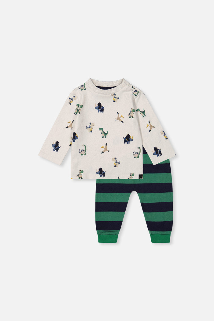 Cotton T-Shirt & Fleece Pant Set Beige Dinosaur Print-0