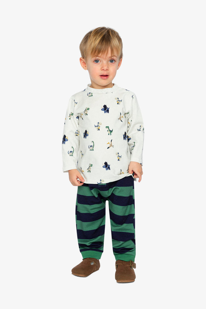 Cotton T-Shirt & Fleece Pant Set Beige Dinosaur Print-1
