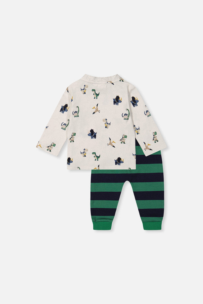 Cotton T-Shirt & Fleece Pant Set Beige Dinosaur Print-4