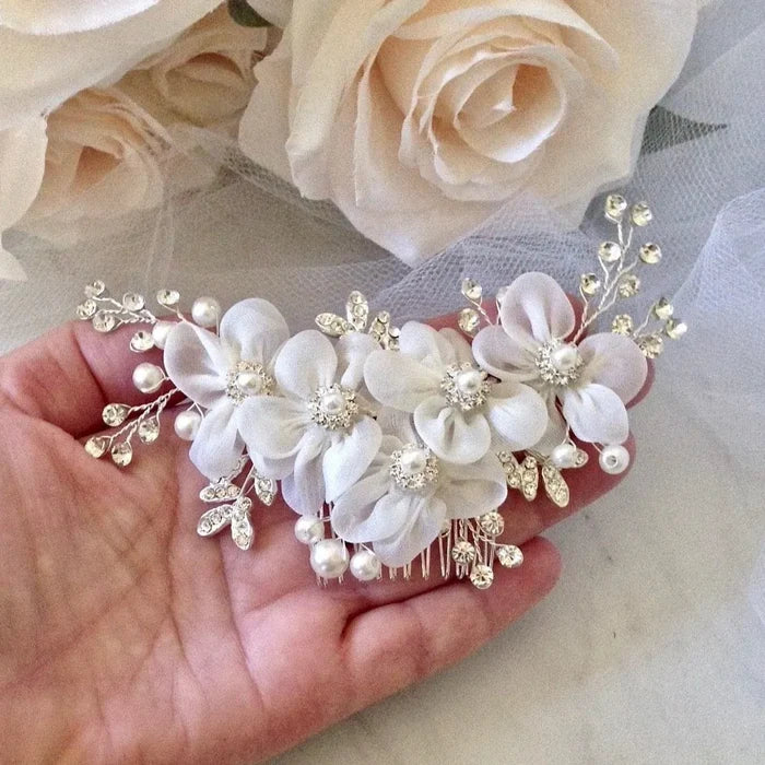 Wedding Hair Accessories - Silver Pearl and Crystal Bridal Hair Comb/Clip