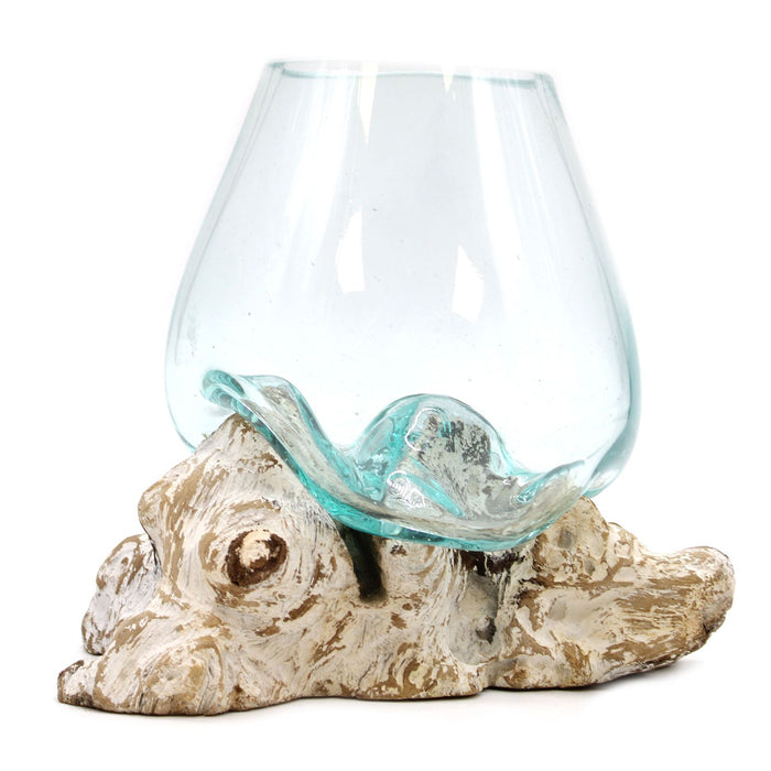 Decorative Handmade Molten Glass on Genuine Whitewash Wood - Large Bowl