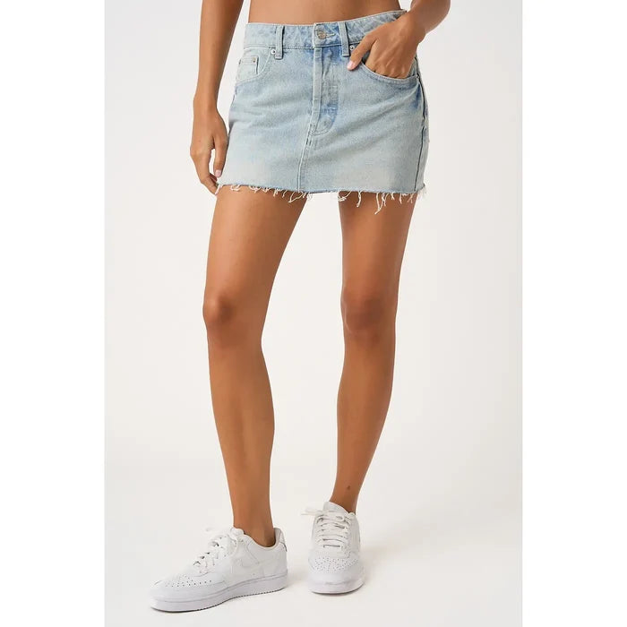 Distressed Hem Washed Denim Mini Skirt