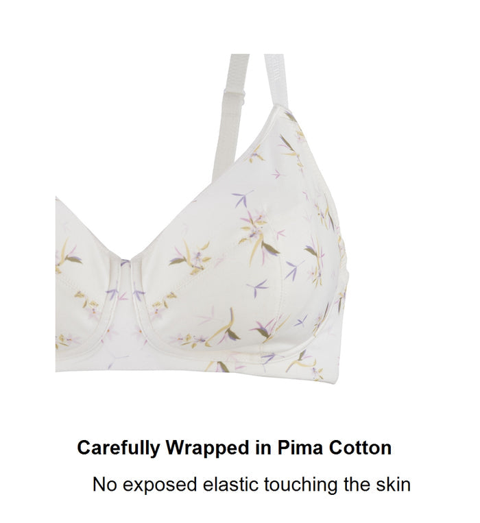 Ditsy Floral Silk and Organic Cotton Smooth T Shirt Wireless Bra, fabric detail – Juliemay Lingerie