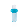 The E-Z Squee-Z Silicone Baby Food Dispenser in blue has a textured nipple and screw-on lid for infant self-feeding of semisolid foods or liquids. It stands upright on a white background.