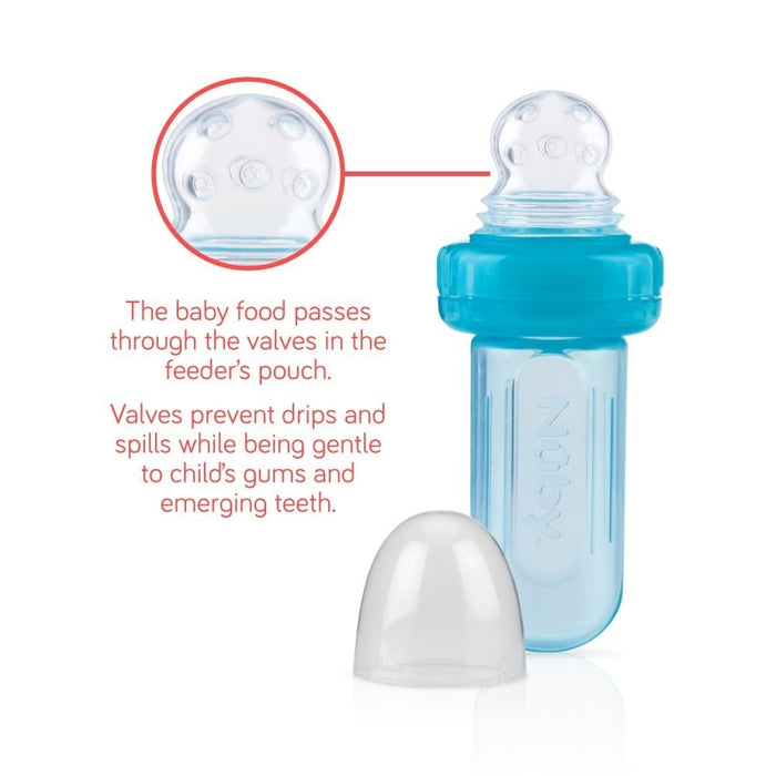 The E-Z Squee-Z Silicone Baby Food Dispenser in blue features a clear silicone pouch and cap, letting semisolid foods pass through valves for self-feeding without drips, and is gentle on your child’s gums and teeth.