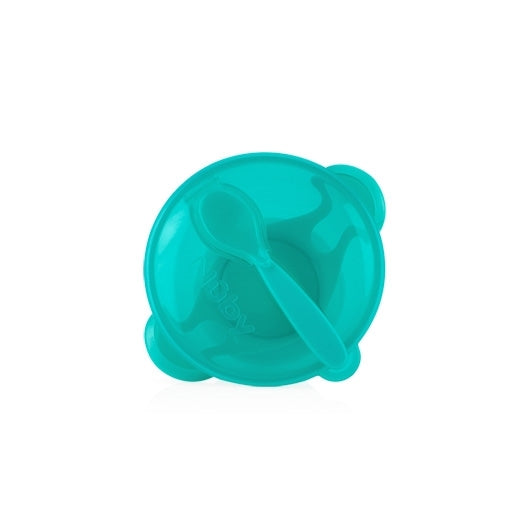 The Easy Go Suction Bowl & Spoon Travel Set features a teal bowl with two small handles and a matching spoon inside, shown from above on a white background.