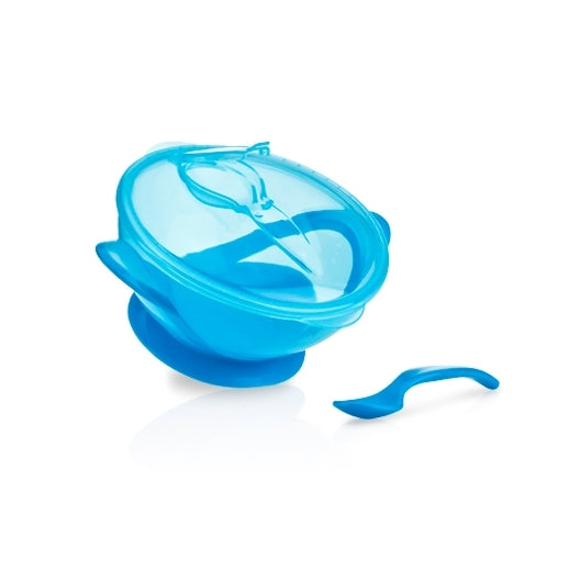 The Easy Go Suction Bowl & Spoon Travel Set is a blue plastic baby feeding bowl with lid and matching spoon, featuring a suction base to prevent slipping. Dishwasher safe, it keeps mealtime mess-free. The set is shown on a white background.