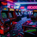 Neon-lit arcade room with vintage arcade machines including 'Space Invaders' and 'Pac-Man'.