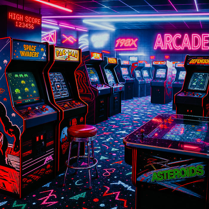 Neon-lit arcade room with vintage arcade machines including 'Space Invaders' and 'Pac-Man'.