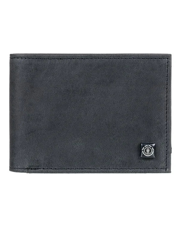 Black leather wallet with a element logo on a white background