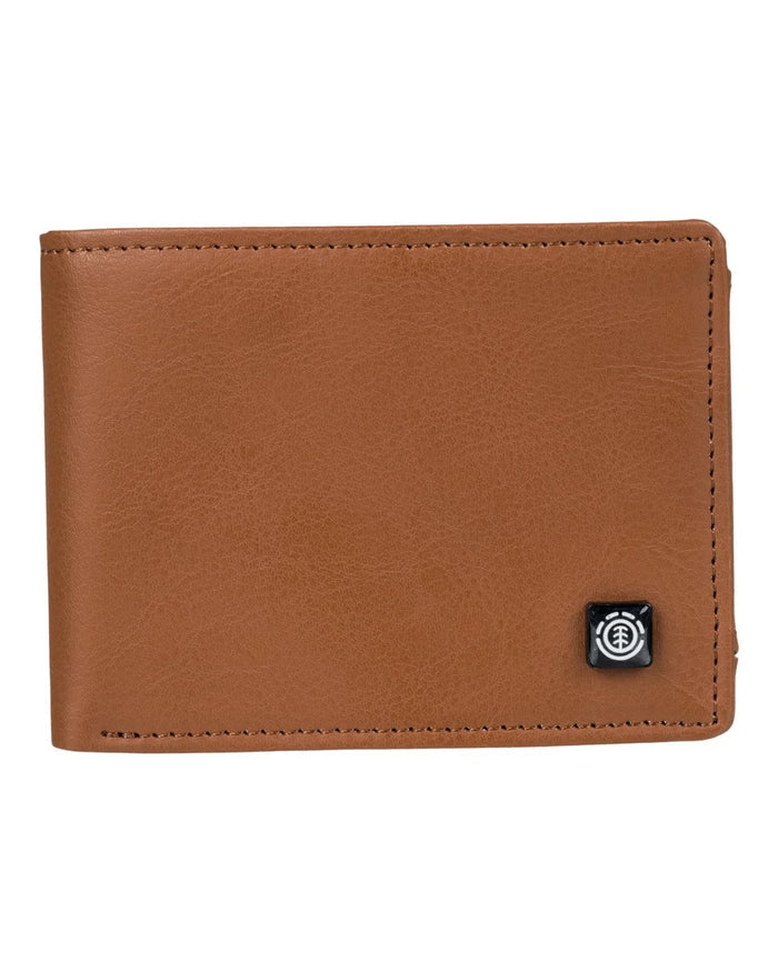 Brown leather wallet with an Element logo on a white background