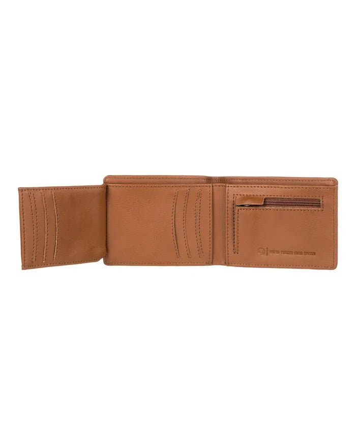 Brown leather wallet open on a white background