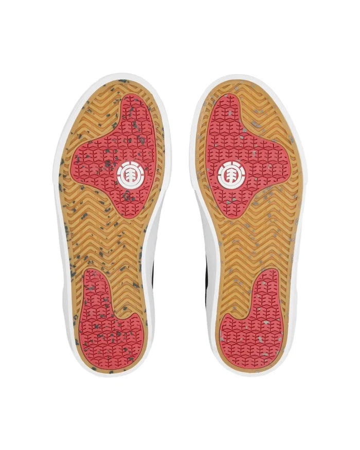Close-up of a shoe sole with a brand logo on a white background