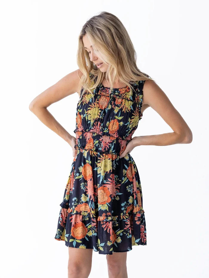 Elsie Ruffle Mini Dress - Black Marigold Floral-view 1