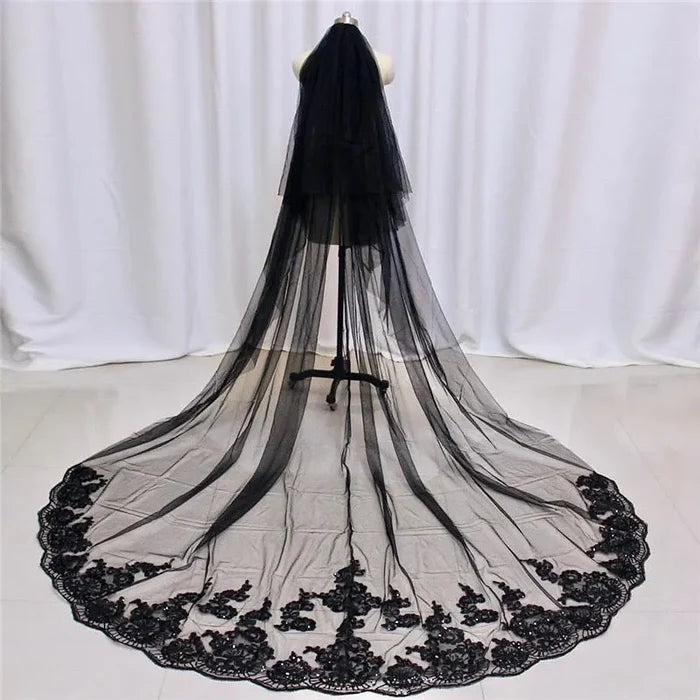 Wedding Veils - Black Lace Edge Cathedral Bridal Veil