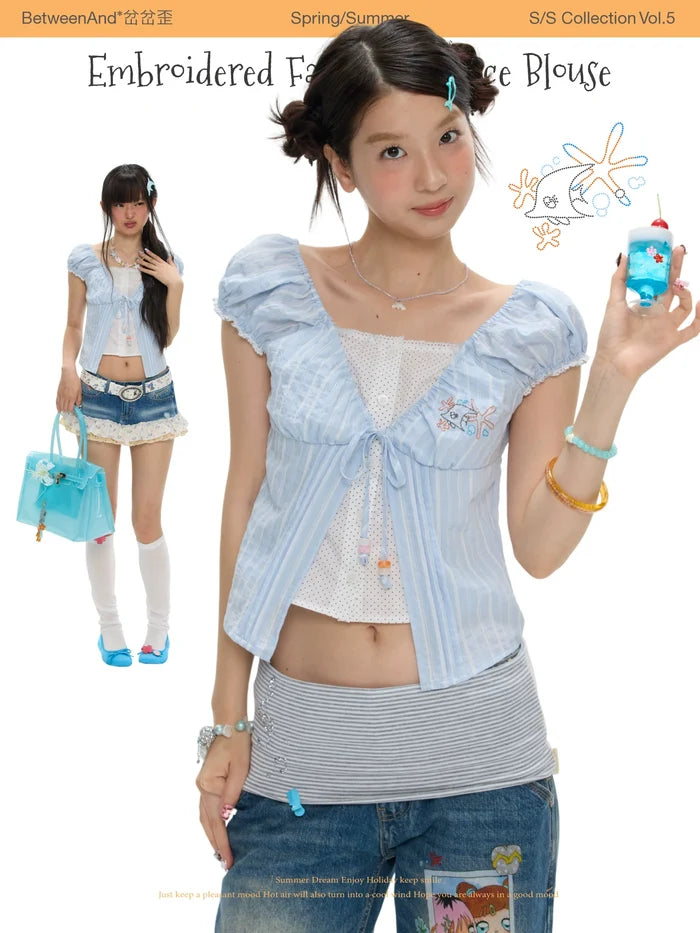 Embroidered false two-piece blouse top