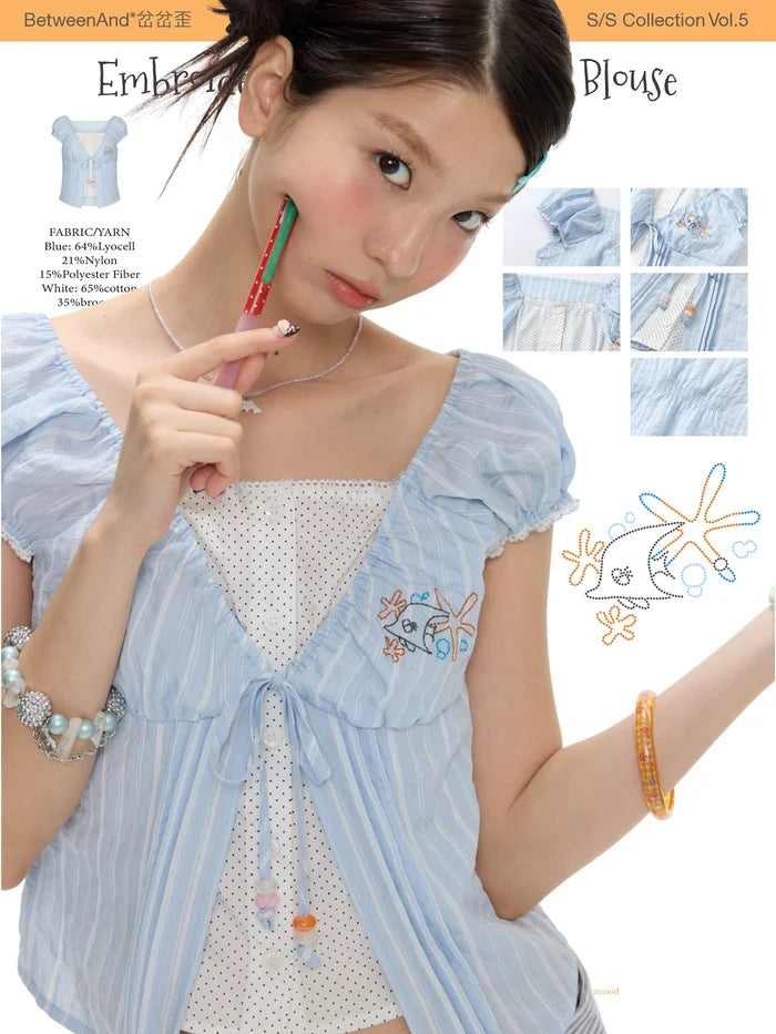 Embroidered false two-piece blouse top