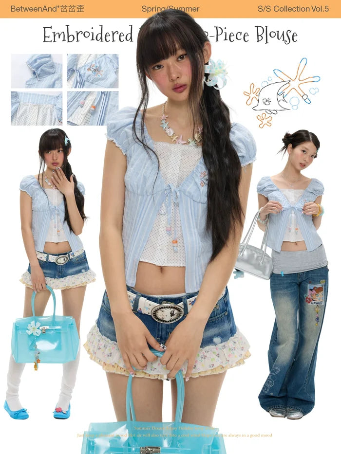 Embroidered false two-piece blouse top