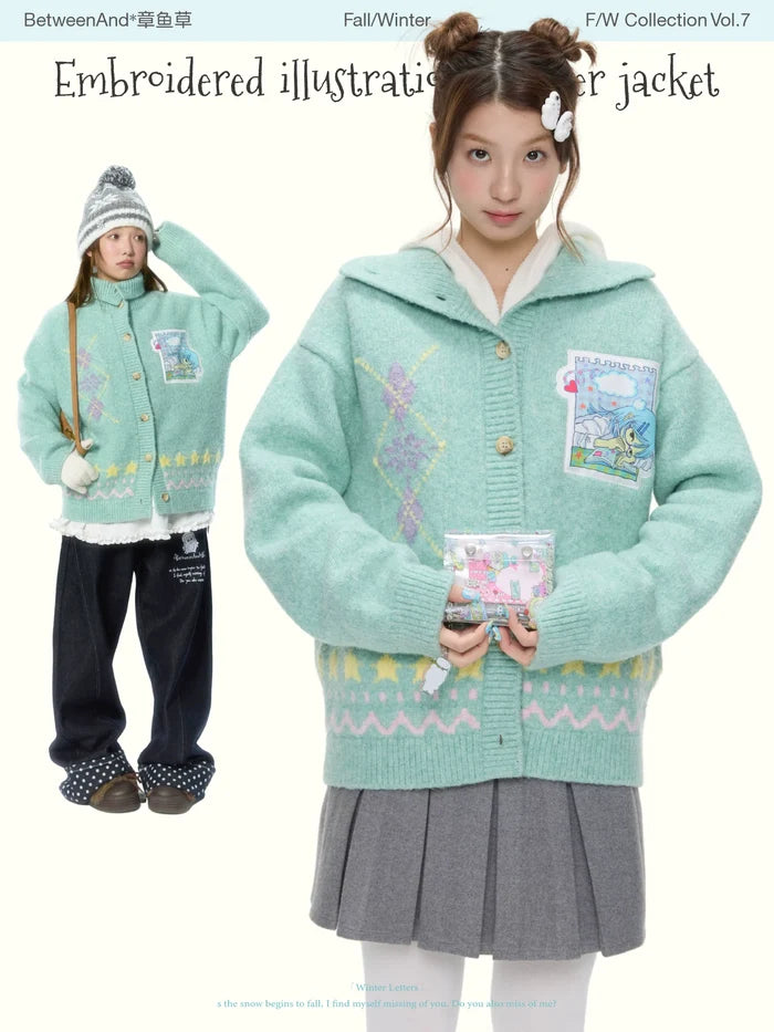 Embroidered illustration sweater jacket
