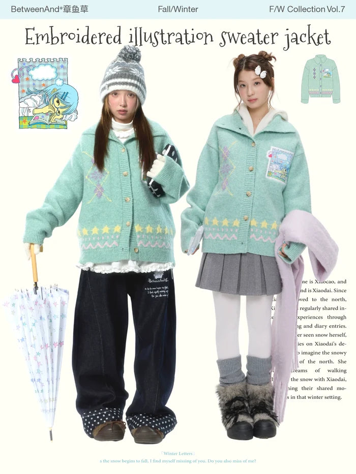Embroidered illustration sweater jacket