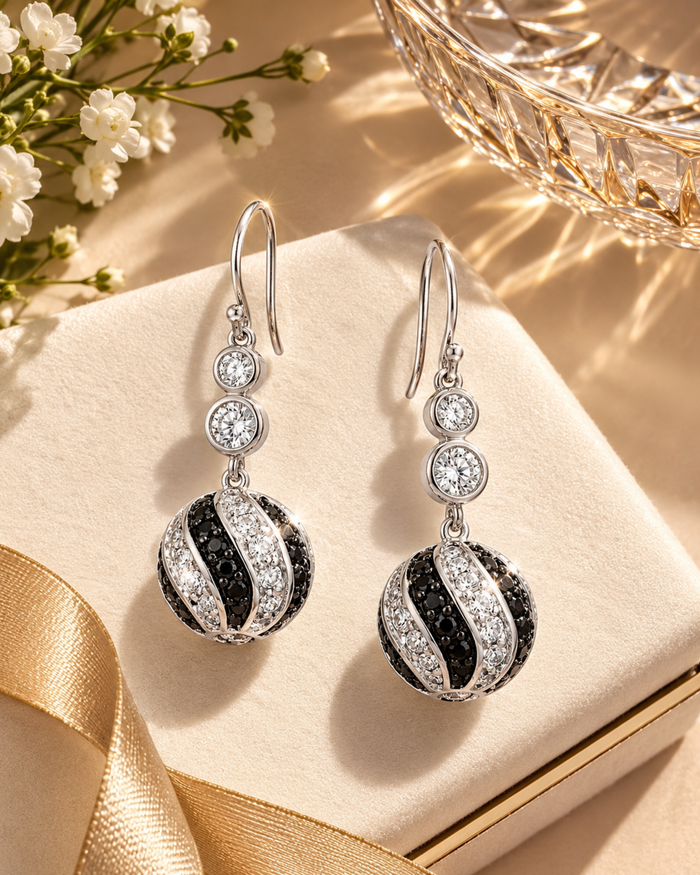 Crystal drop earrings with black oval and round clear stones, silver-tone hooks