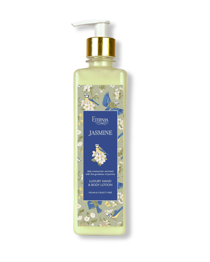Jasmine hand & body lotion bottle with gold pump, pale yellow, front label