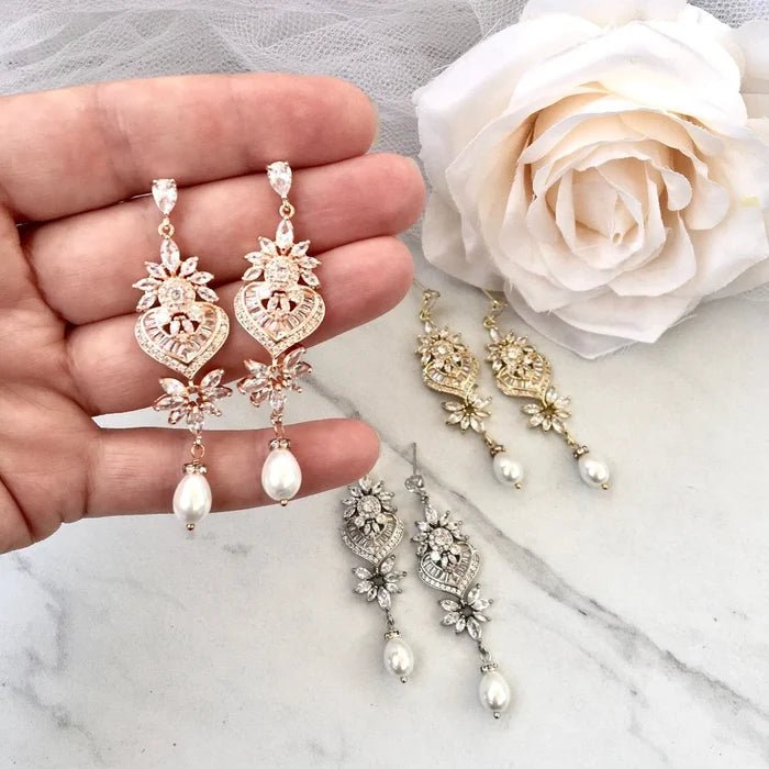 Wedding Jewelry - Art Deco Pearl and CZ Bridal Earrings - Available in Silver, Rose Gold and Yellow Gold