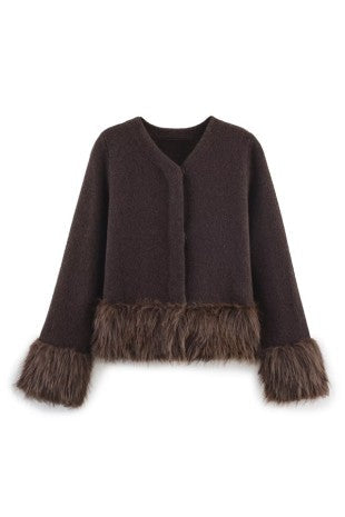 Faux Fur Trim Knit Cardigan