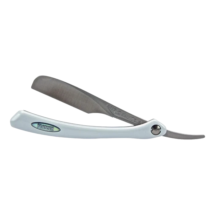 Feather Artist Club DX shavette med hvitt håndtak og metallblad, foldbar barberkniv fra Japan