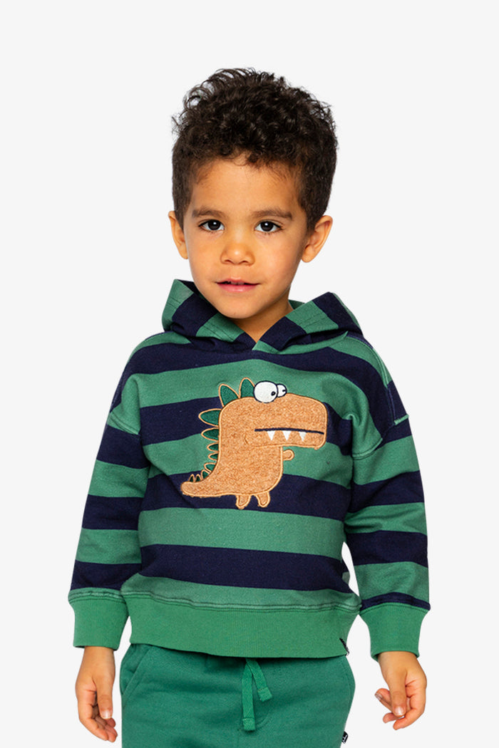 Fleece Hoodie With Applique Blue Striped Green-1