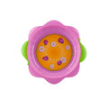 The Flower Child Plate is a pink, flower-shaped toddler dish with green handles, a yellow center, and charming white flowers plus ladybug designs—making mealtime fun and a perfect addition to feeding accessories.