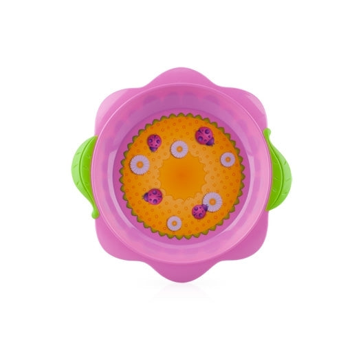 The Flower Child Plate is a pink, flower-shaped toddler dish with green handles, a yellow center, and charming white flowers plus ladybug designs—making mealtime fun and a perfect addition to feeding accessories.